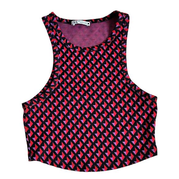 Zara Jacquard Crop Top Size Small Geometric Racerback Crop Red Pink Black - Picture 1 of 5